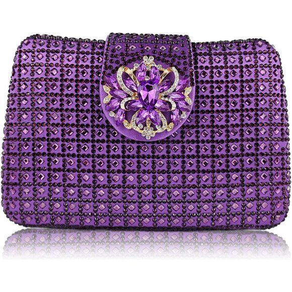 Women's Purple Sparkly Rhinestone Unique Evening Floral Clutch Shoulder Handbag - Picture 1 of 6